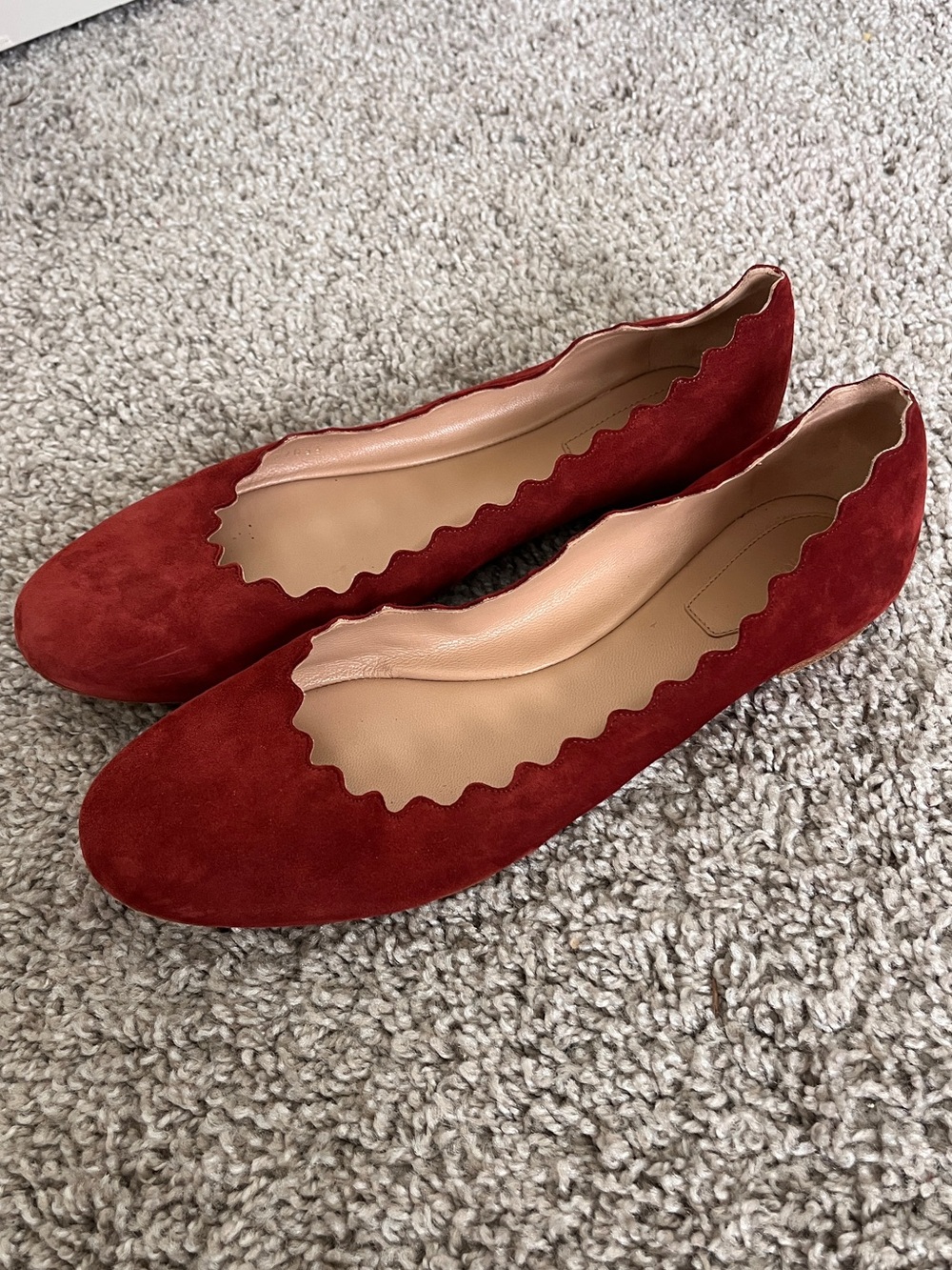 Chloe Burgundy Suede Scalloped Edge Ballet Flats